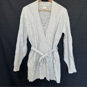 A New Day Long Tie Waist Cardigan Size Small Gray Soft Cozy Minimalist Open Knit